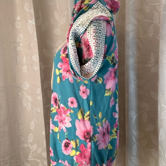Lovely Melody M Floral Lace‎ Sleeve Hoodie Medium Blue Pink Boho Cottagecore - Picture 6 of 8